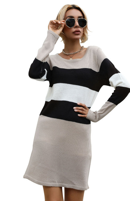 Sweater Dresses- Striped Knitwear Dress - Straight Long Sweater- - Pekosa Women Clothing