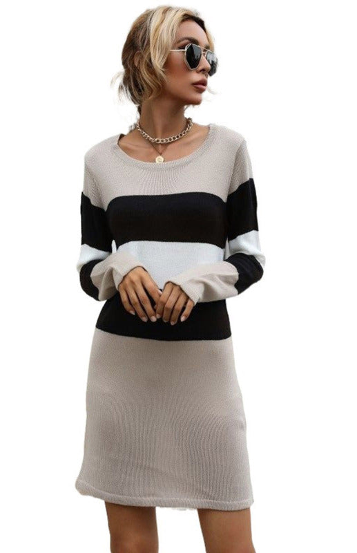 Sweater Dresses- Striped Knitwear Dress - Straight Long Sweater- - Pekosa Women Clothing