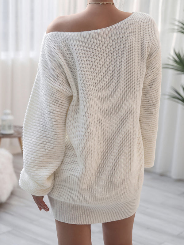 Sweater Dresses- Winter Coziness Faux Wool Oversized Knit Sweater Dress- - IndioGear Clothing and Gear