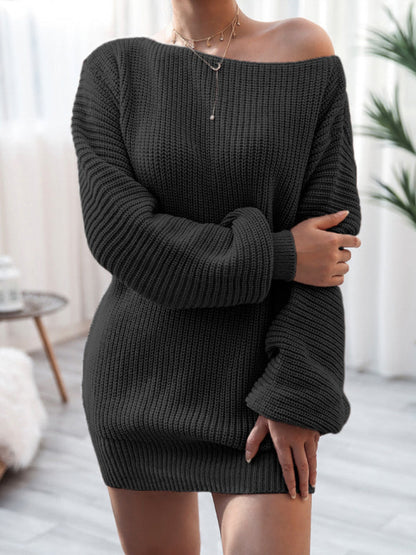 Sweater Dresses- Winter Coziness Faux Wool Oversized Knit Sweater Dress- Black- IndioGear Clothing and Gear