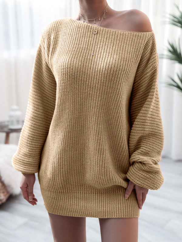 Sweater Dresses- Winter Coziness Faux Wool Oversized Knit Sweater Dress- Khaki- IndioGear Clothing and Gear