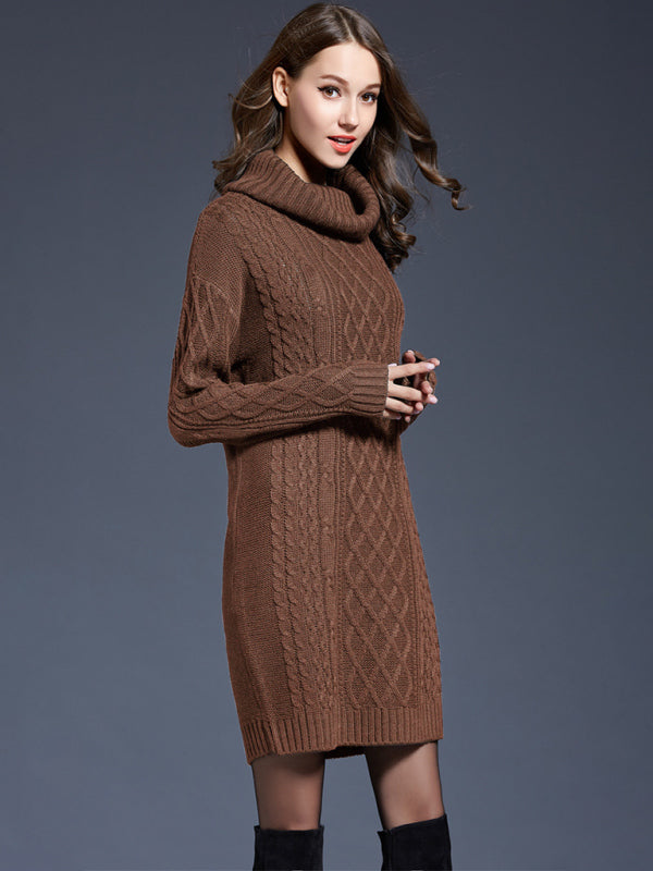 Sweater Dresses- Winter Cozy Cable Knit Turtleneck Sweater Dress- - IndioGear Clothing and Gear