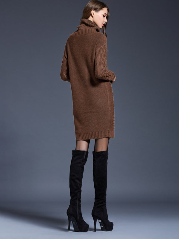 Sweater Dresses- Winter Cozy Cable Knit Turtleneck Sweater Dress- - IndioGear Clothing and Gear