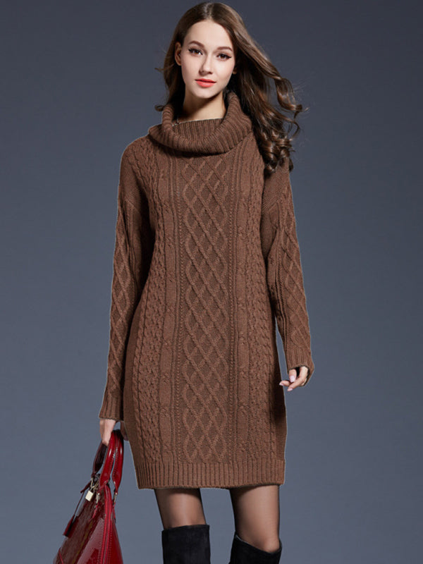 Sweater Dresses- Winter Cozy Cable Knit Turtleneck Sweater Dress- Camel- IndioGear Clothing and Gear