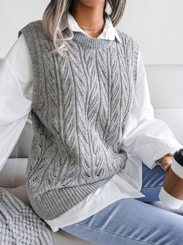 Sweater Vests- Cable Knit Round Neck Sweater Vest- - IndioGear Fashion and Gear