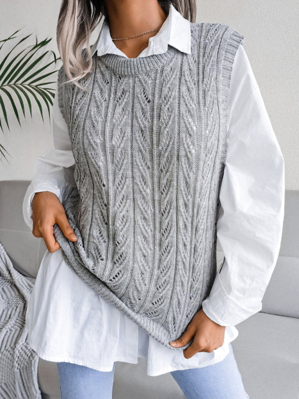 Sweater Vests- Cable Knit Round Neck Sweater Vest- - IndioGear Fashion and Gear