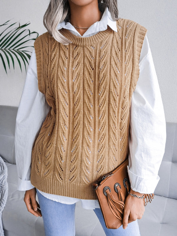 Sweater Vests- Cable Knit Round Neck Sweater Vest- - IndioGear Fashion and Gear