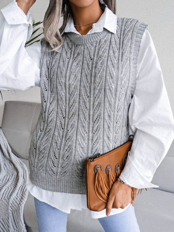 Sweater Vests- Cable Knit Round Neck Sweater Vest- - IndioGear Fashion and Gear