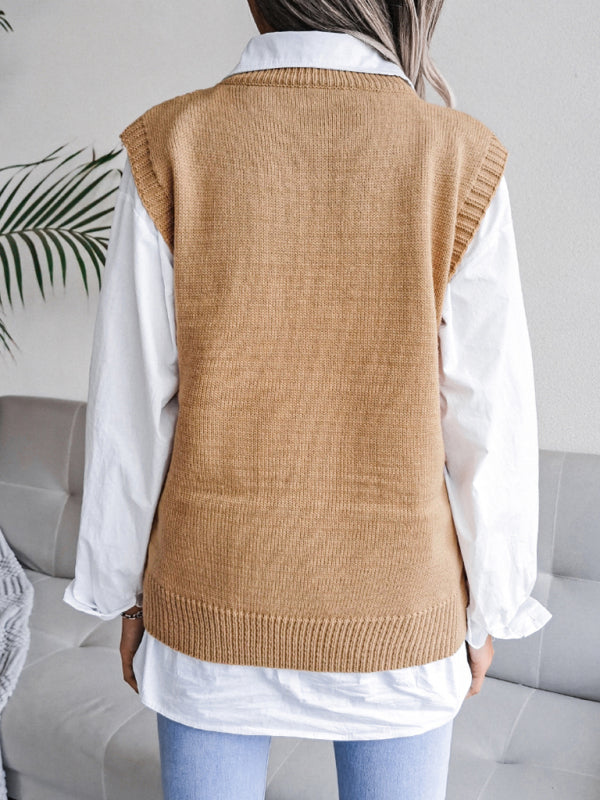 Sweater Vests- Cable Knit Round Neck Sweater Vest- - IndioGear Fashion and Gear