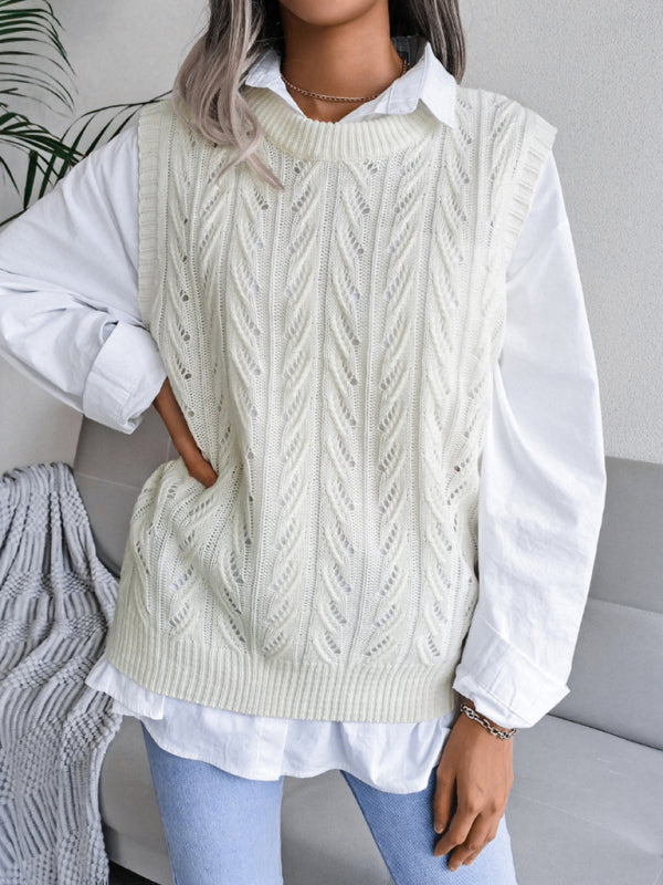 Sweater Vests- Cable Knit Round Neck Sweater Vest- - IndioGear Fashion and Gear