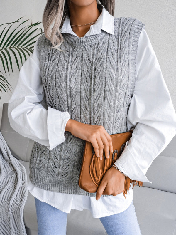 Sweater Vests- Cable Knit Round Neck Sweater Vest- Grey- IndioGear Fashion and Gear