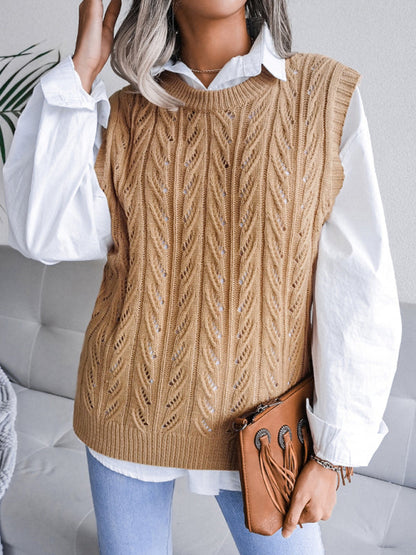 Sweater Vests- Cable Knit Round Neck Sweater Vest- - IndioGear Fashion and Gear