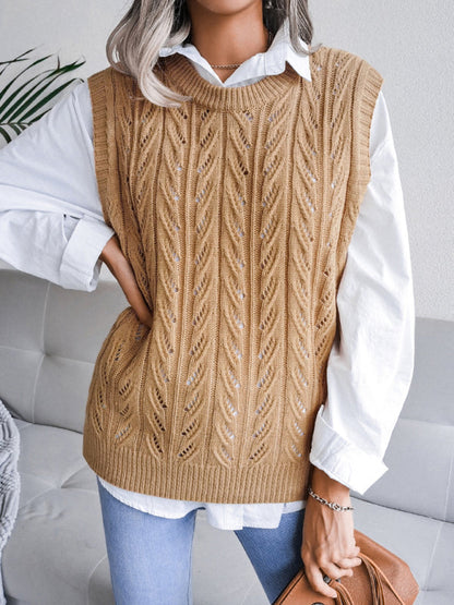 Sweater Vests- Cable Knit Round Neck Sweater Vest- - IndioGear Fashion and Gear