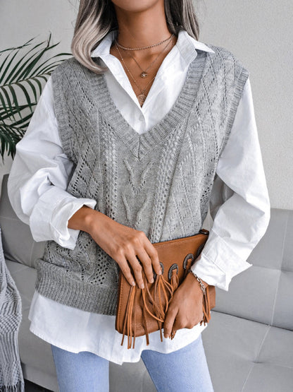 Sweater Vests- Cable Knit V Neck Sweater - Knitwear Vest- Grey- IndioGear Fashion and Gear