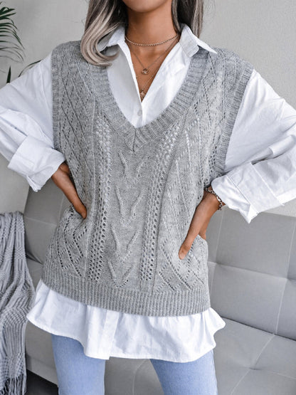 Sweater Vests- Cable Knit V Neck Sweater - Knitwear Vest- - IndioGear Fashion and Gear