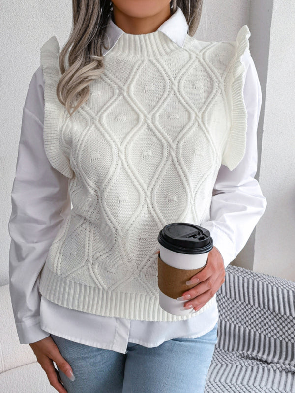 Sweater Vests- Diamond Knit High Neck Sweater Vest- White- IndioGear Fashion and Gear