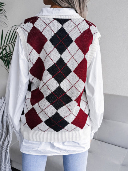 Sweater Vests- Diamond Knitted V Neck Sweater - Ribbed Vest- - IndioGear Fashion and Gear