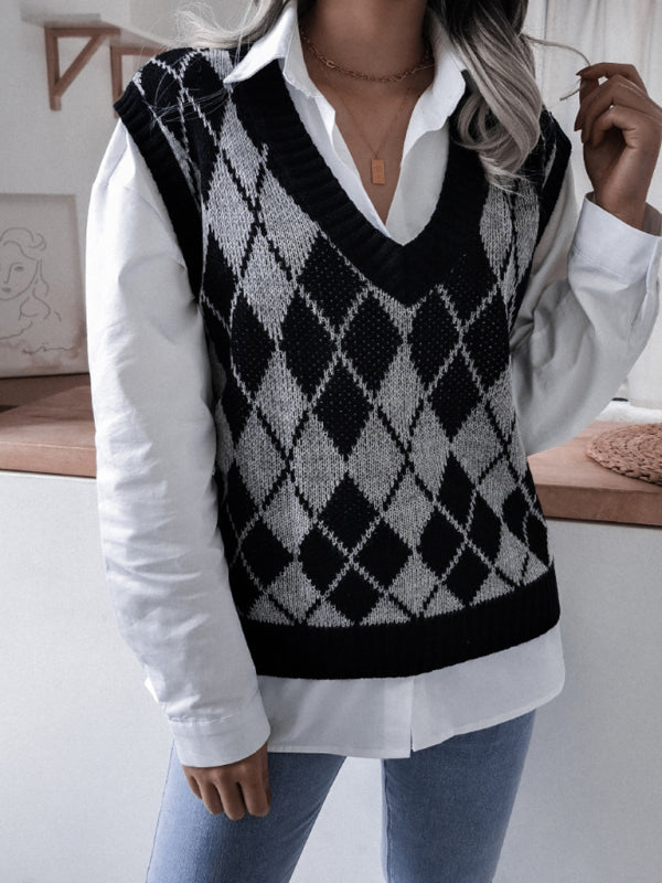 Sweater Vests- Diamond Knitted V Neck Sweater - Ribbed Vest- - IndioGear Fashion and Gear