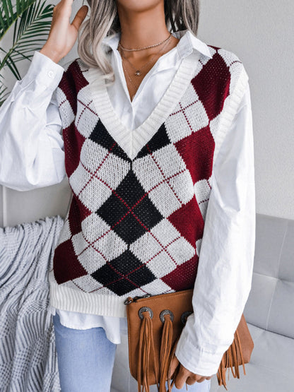 Sweater Vests- Diamond Knitted V Neck Sweater - Ribbed Vest- - IndioGear Fashion and Gear