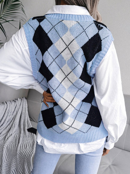 Sweater Vests- Diamond Knitted V Neck Sweater - Ribbed Vest- - IndioGear Fashion and Gear