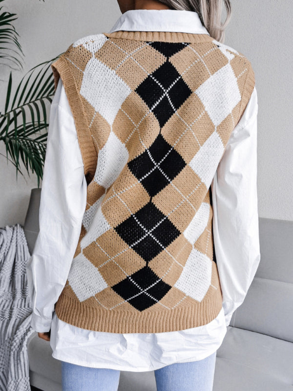 Sweater Vests- Diamond Knitted V Neck Sweater - Ribbed Vest- - IndioGear Fashion and Gear