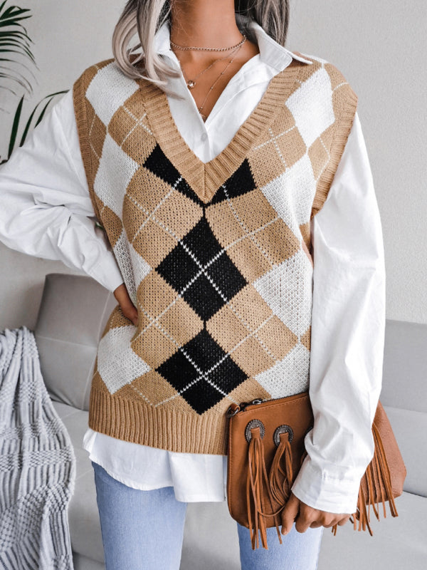 Sweater Vests- Diamond Knitted V Neck Sweater - Ribbed Vest- - IndioGear Fashion and Gear