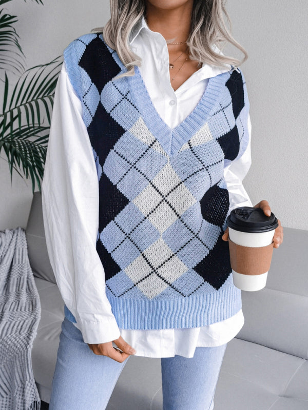 Sweater Vests- Diamond Knitted V Neck Sweater - Ribbed Vest- - IndioGear Fashion and Gear