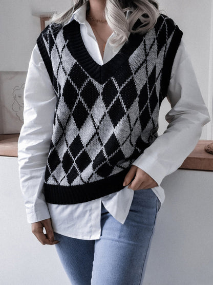 Sweater Vests- Diamond Knitted V Neck Sweater - Ribbed Vest- - IndioGear Fashion and Gear