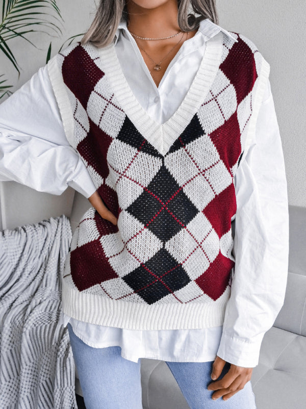 Sweater Vests- Diamond Knitted V Neck Sweater - Ribbed Vest- - IndioGear Fashion and Gear