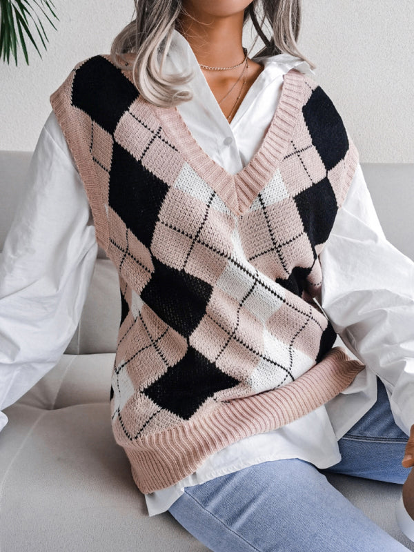 Sweater Vests- Diamond Knitted V Neck Sweater - Ribbed Vest- Pink- IndioGear Fashion and Gear