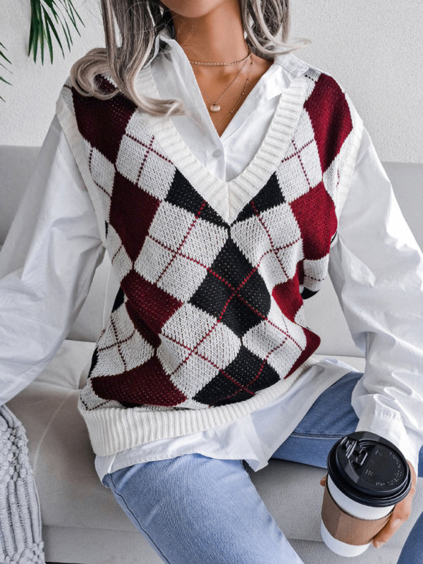 Sweater Vests- Diamond Knitted V Neck Sweater - Ribbed Vest- Red- IndioGear Fashion and Gear