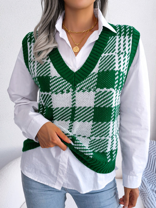 Sweater Vests- Houndstooth V Neck Sweater - Knitted Vest- Green- IndioGear Fashion and Gear