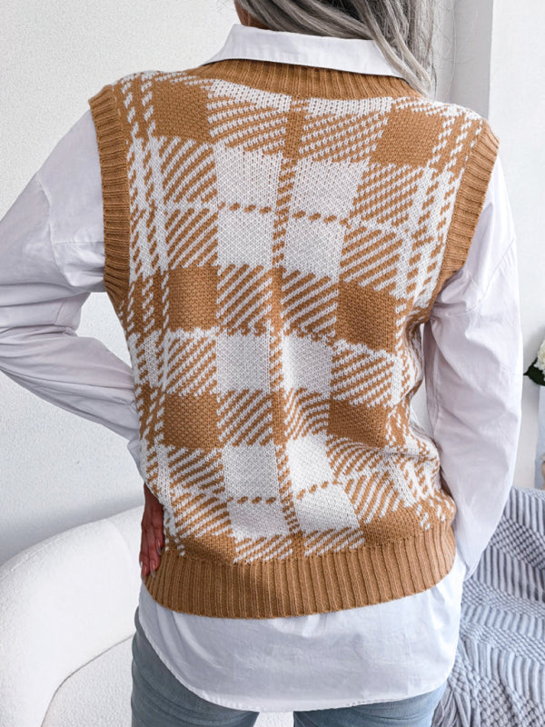 Sweater Vests- Houndstooth V Neck Sweater - Knitted Vest- - IndioGear Fashion and Gear