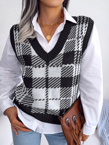 Sweater Vests- Houndstooth V Neck Sweater - Knitted Vest- - IndioGear Fashion and Gear