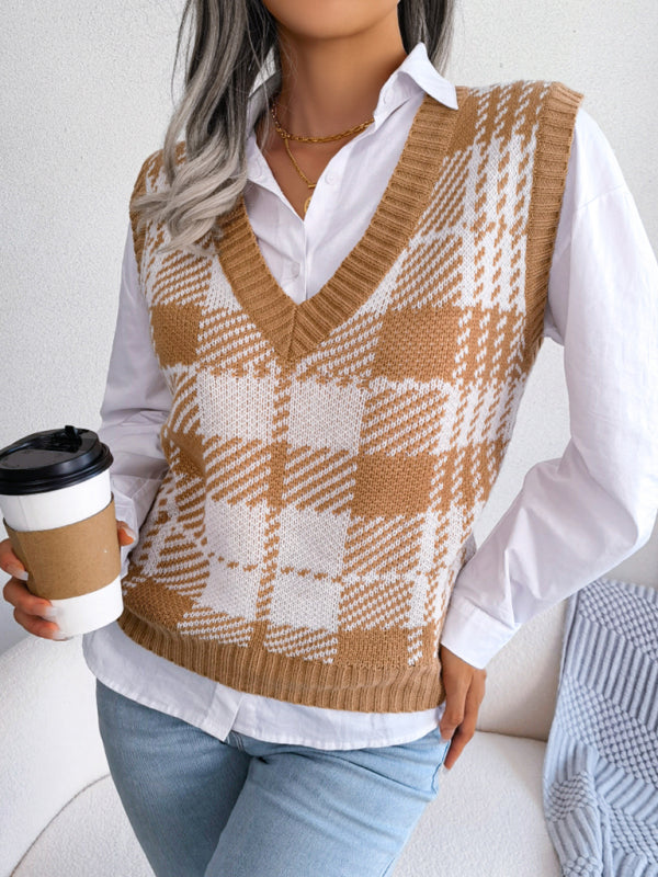 Sweater Vests- Houndstooth V Neck Sweater - Knitted Vest- - IndioGear Fashion and Gear