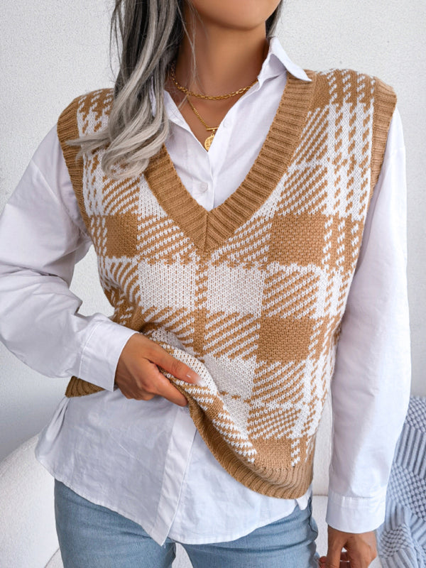 Sweater Vests- Houndstooth V Neck Sweater - Knitted Vest- - IndioGear Fashion and Gear