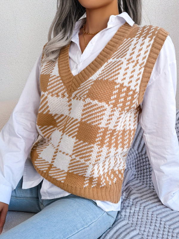 Sweater Vests- Houndstooth V Neck Sweater - Knitted Vest- - IndioGear Fashion and Gear