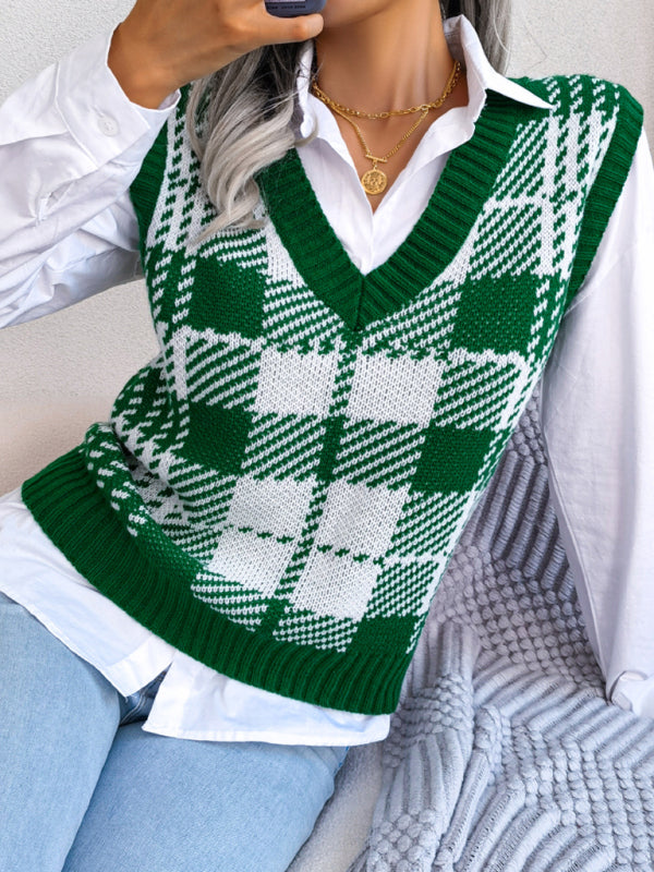 Sweater Vests- Houndstooth V Neck Sweater - Knitted Vest- - IndioGear Fashion and Gear