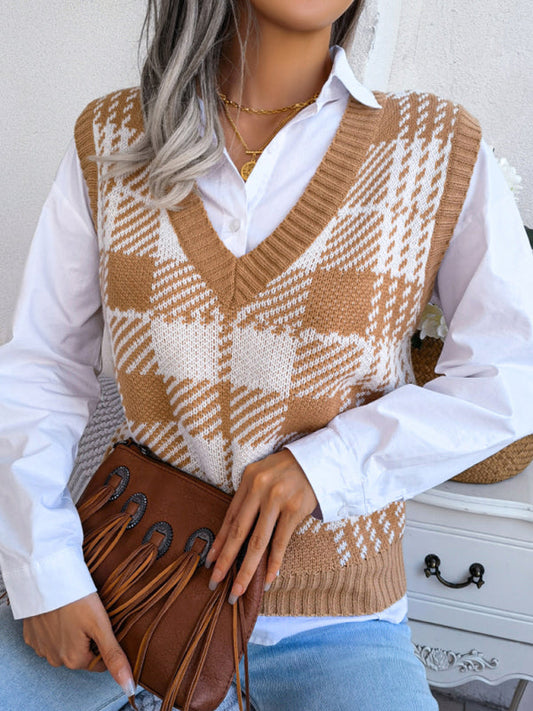 Sweater Vests- Houndstooth V Neck Sweater - Knitted Vest- Khaki- IndioGear Fashion and Gear