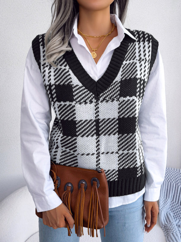 Sweater Vests- Houndstooth V Neck Sweater - Knitted Vest- - IndioGear Fashion and Gear