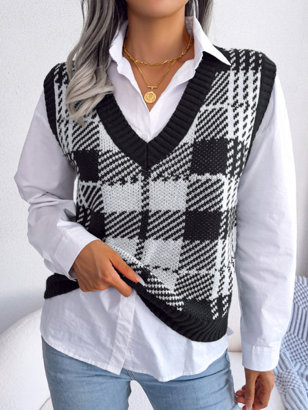 Sweater Vests- Houndstooth V Neck Sweater - Knitted Vest- - IndioGear Fashion and Gear