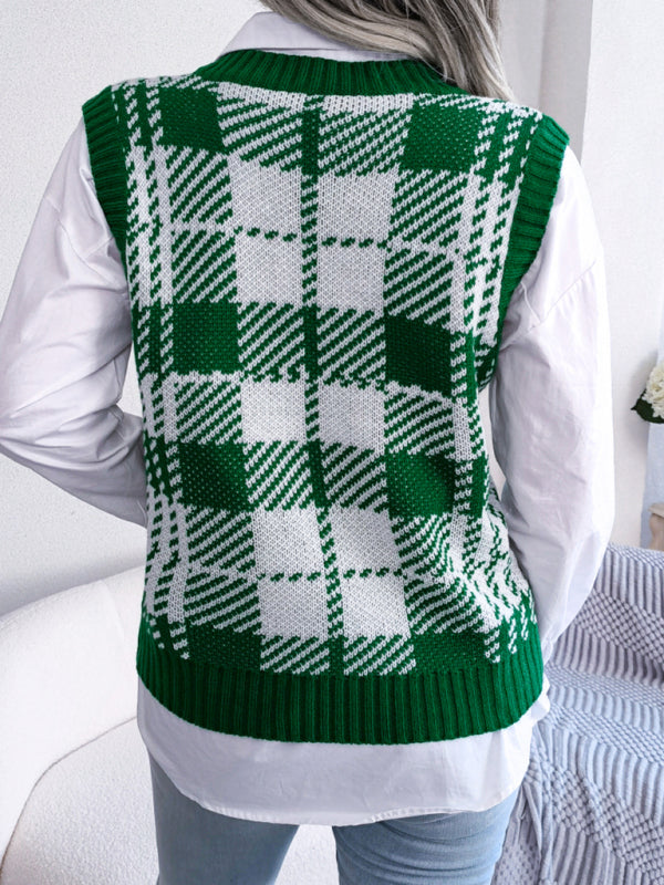 Sweater Vests- Houndstooth V Neck Sweater - Knitted Vest- - IndioGear Fashion and Gear