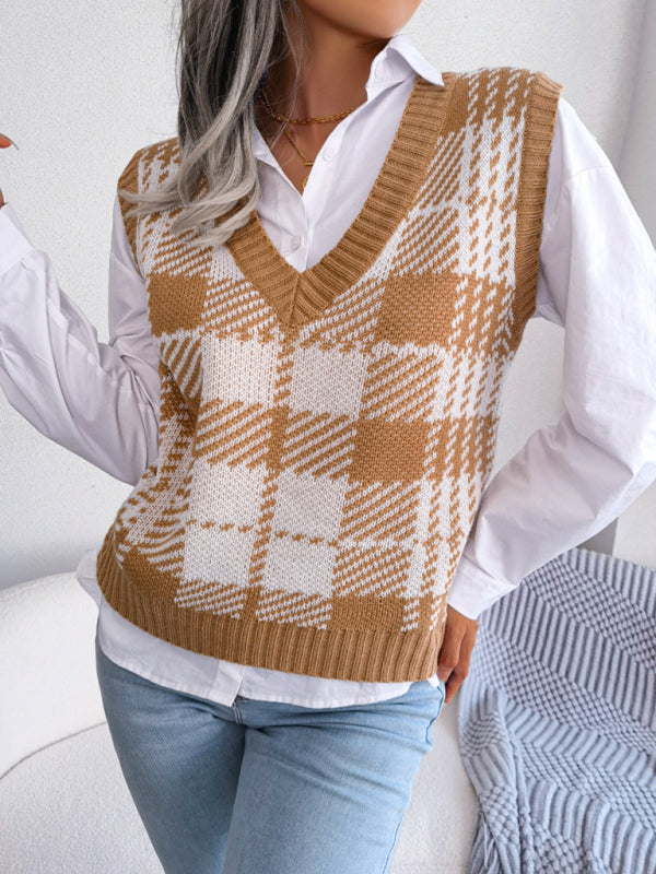 Sweater Vests- Houndstooth V Neck Sweater - Knitted Vest- - IndioGear Fashion and Gear