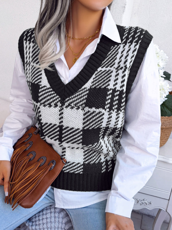 Sweater Vests- Houndstooth V Neck Sweater - Knitted Vest- - IndioGear Fashion and Gear