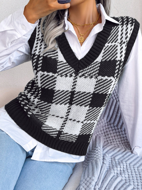 Sweater Vests- Houndstooth V Neck Sweater - Knitted Vest- - IndioGear Fashion and Gear