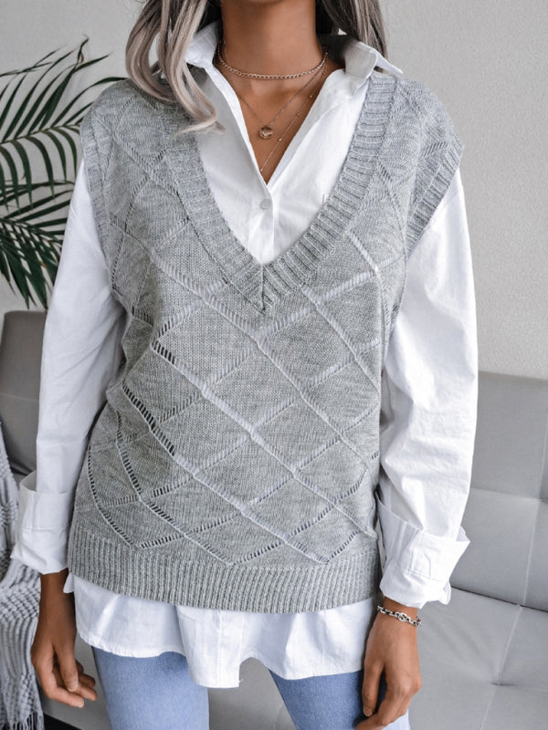 Sweater Vests- Knitted Sweater - Diamond Openwork Ribbed Vest- - IndioGear Fashion and Gear