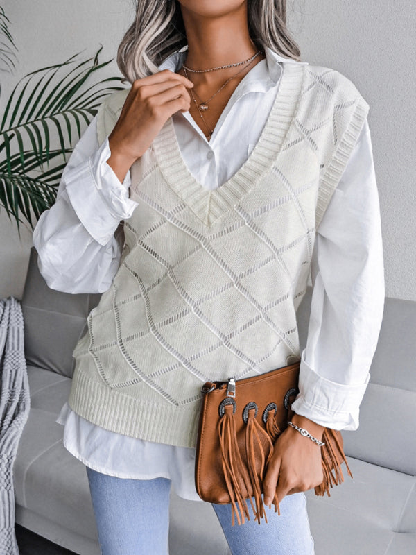 Sweater Vests- Knitted Sweater - Diamond Openwork Ribbed Vest- - IndioGear Fashion and Gear