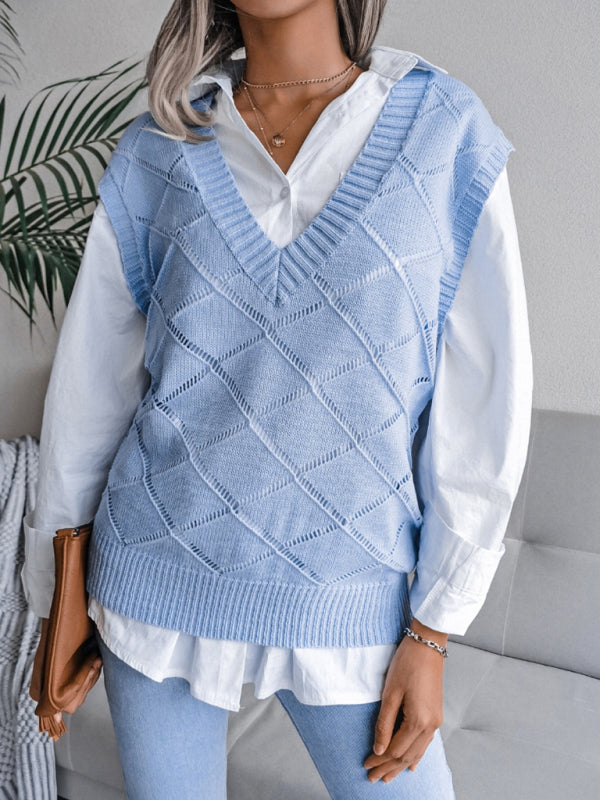 Sweater Vests- Knitted Sweater - Diamond Openwork Ribbed Vest- - IndioGear Fashion and Gear