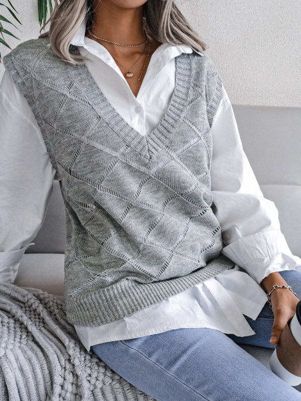 Sweater Vests- Knitted Sweater - Diamond Openwork Ribbed Vest- - IndioGear Fashion and Gear