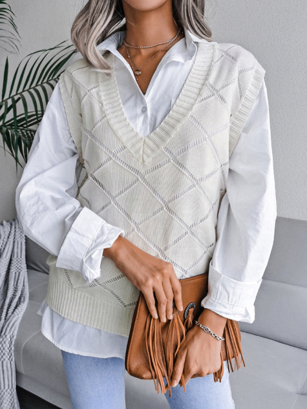 Sweater Vests- Knitted Sweater - Diamond Openwork Ribbed Vest- - IndioGear Fashion and Gear